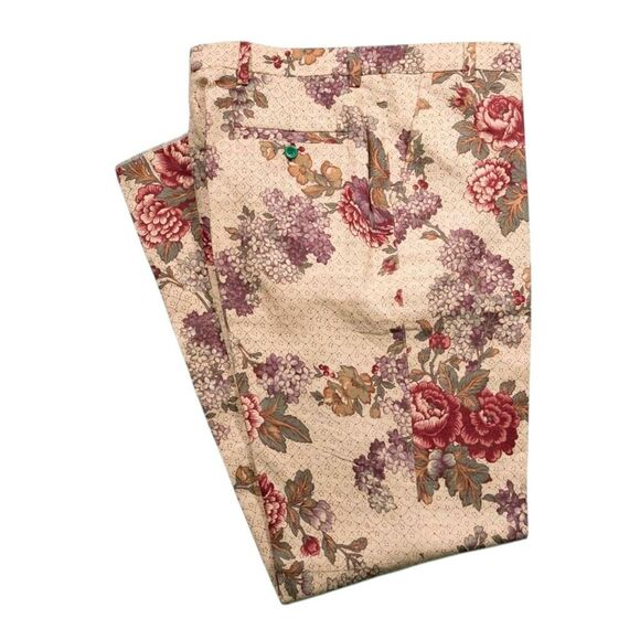 Mens 34 Floral Pants Beige Red Green Cotton Flat Front Straight Chino Trousers